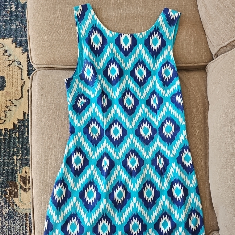 Macbeth Collection by Margaret Josephs Blue and White Geometric Mini Dress